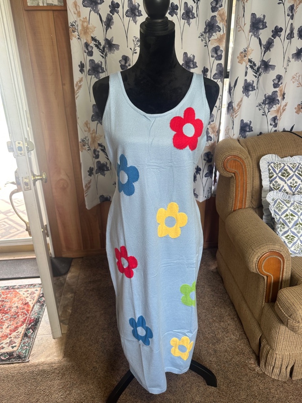 Colorful Floral Light Blue Floral Knit Tank Maxi Dress